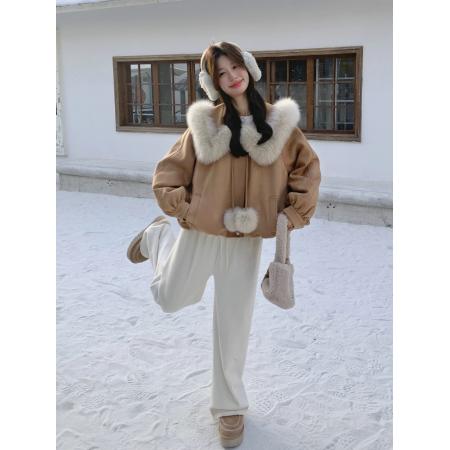 FA53481# 棕色气质轻奢大毛领夹克棉服女冬季新款短款甜美减龄