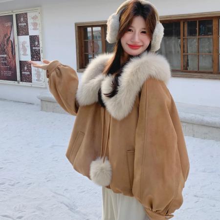 FA53481# 棕色气质轻奢大毛领夹克棉服女冬季新款短款甜美减龄