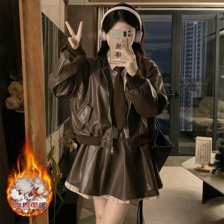 FA53482# 美拉德套装咖色夹棉PU皮夹克外套女秋冬高腰半身裙短裙