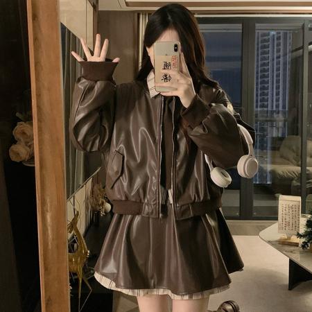 FA53482# 美拉德套装咖色夹棉PU皮夹克外套女秋冬高腰半身裙短裙