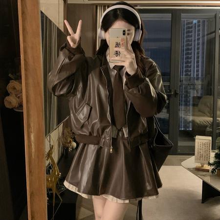 FA53482# 美拉德套装咖色夹棉PU皮夹克外套女秋冬高腰半身裙短裙