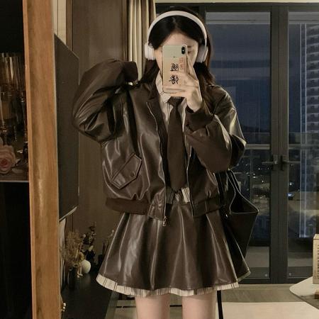 FA53482# 美拉德套装咖色夹棉PU皮夹克外套女秋冬高腰半身裙短裙