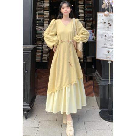 FA53483# 大码胖mm秋冬新款时尚气质长袖连衣裙千金感假两件百搭长款裙子女