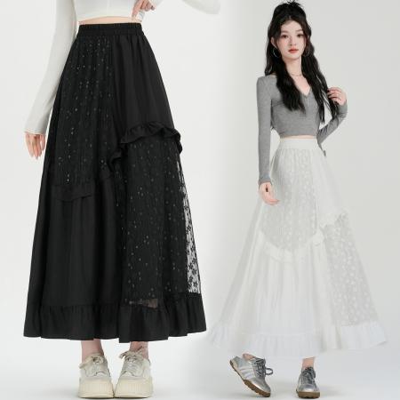 FA53485# 设计感法式拼接蕾丝花边伞裙早春新款减龄A字裙长裙