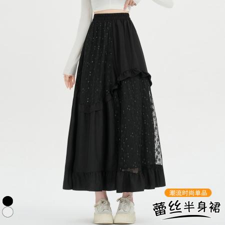 FA53485# 设计感法式拼接蕾丝花边伞裙早春新款减龄A字裙长裙