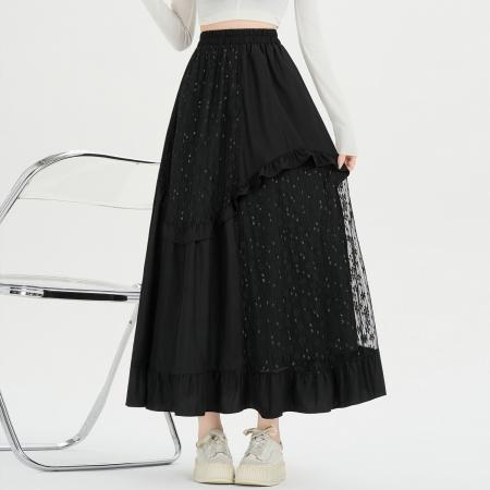 FA53485# 设计感法式拼接蕾丝花边伞裙早春新款减龄A字裙长裙