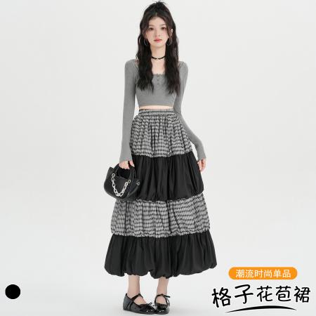 FA53486# 设计感拼接格子花苞长裙宽松百搭时尚蛋糕裙显瘦休闲A字裙