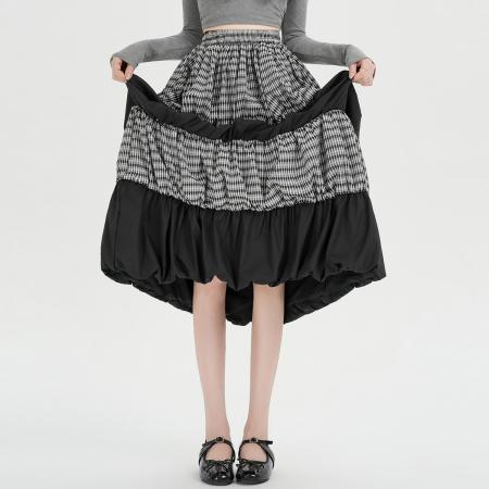 FA53486# 设计感拼接格子花苞长裙宽松百搭时尚蛋糕裙显瘦休闲A字裙