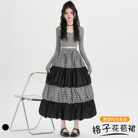 FA53486# 设计感拼接格子花苞长裙宽松百搭时尚蛋糕裙显瘦休闲A字裙