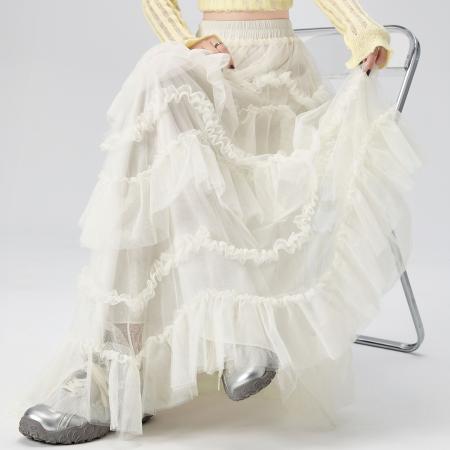 FA53488# 不规则木耳边网纱半身长裙早春新款超仙拼接蛋糕裙大摆裙