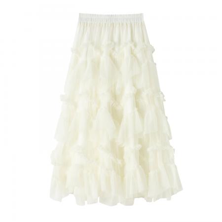 FA53488# 不规则木耳边网纱半身长裙早春新款超仙拼接蛋糕裙大摆裙