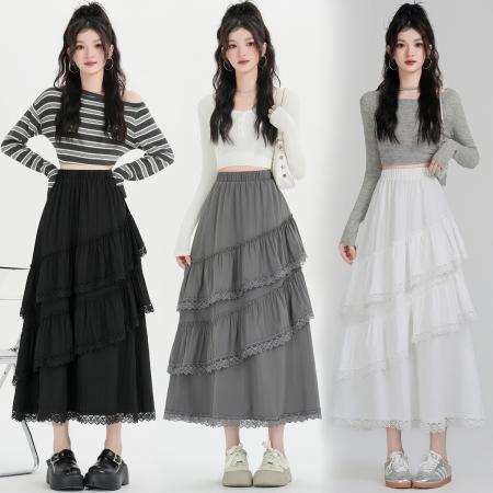 FA53489# 设计感蕾丝花边蛋糕裙早春新款拼接荷叶边半身裙减龄A字裙