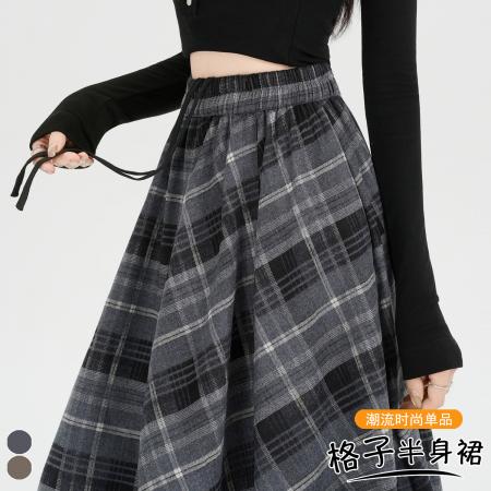 FA53490# 早春新款设计感不规则格子半身长裙复古松紧腰抽绳大摆伞裙