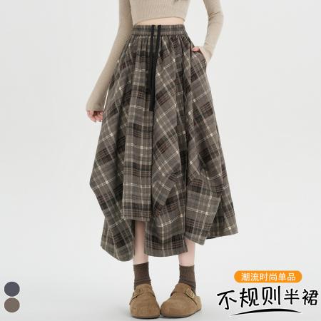 FA53490# 早春新款设计感不规则格子半身长裙复古松紧腰抽绳大摆伞裙