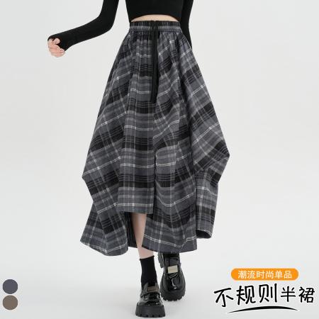 FA53490# 早春新款设计感不规则格子半身长裙复古松紧腰抽绳大摆伞裙