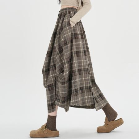 FA53490# 早春新款设计感不规则格子半身长裙复古松紧腰抽绳大摆伞裙