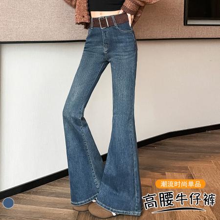 FA53492# 春季新款韩版百搭微喇牛仔裤女高腰修身显瘦弹力喇叭长裤