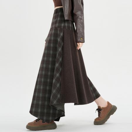 FA53495# 设计感不规则格子拼接半身裙秋冬高腰复古假两件A字长裙