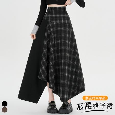 FA53495# 设计感不规则格子拼接半身裙秋冬高腰复古假两件A字长裙