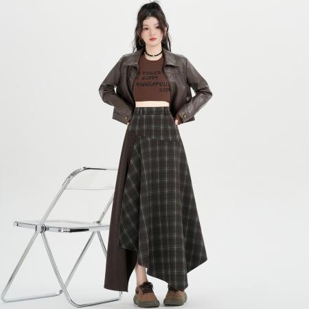 FA53495# 设计感不规则格子拼接半身裙秋冬高腰复古假两件A字长裙