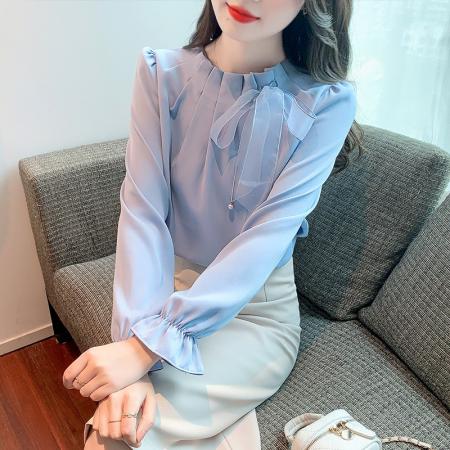 FA53497# 蝴蝶结长袖雪纺衬衫女26春秋新款显瘦百搭上衣时尚洋气小衫女