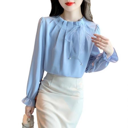 FA53497# 蝴蝶结长袖雪纺衬衫女26春秋新款显瘦百搭上衣时尚洋气小衫女