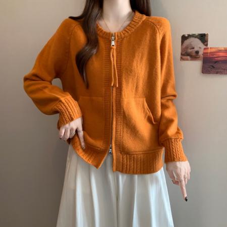 FA53499# 大码胖MM秋冬新款圆领双拉链长袖开衫上衣毛衣