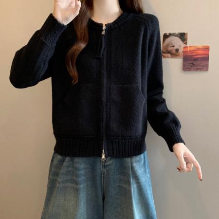 FA53499# 大码胖MM秋冬新款圆领双拉链长袖开衫上衣毛衣