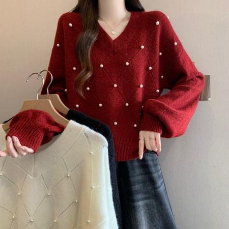 FA53500# 大码胖MM秋冬新款V领过年红重工钉钻长袖套头上衣毛衣