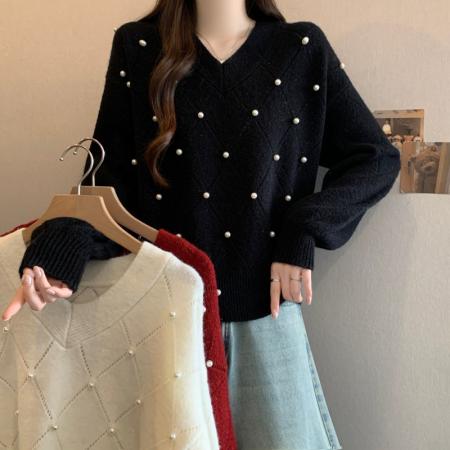 FA53500# 大码胖MM秋冬新款V领过年红重工钉钻长袖套头上衣毛衣
