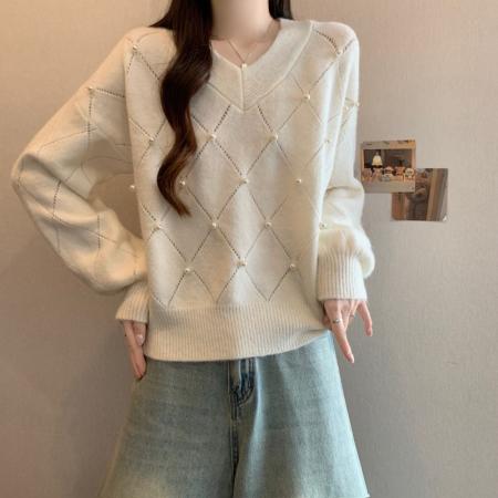 FA53500# 大码胖MM秋冬新款V领过年红重工钉钻长袖套头上衣毛衣