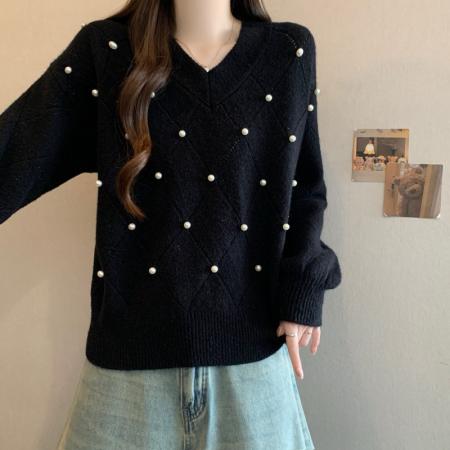 FA53500# 大码胖MM秋冬新款V领过年红重工钉钻长袖套头上衣毛衣