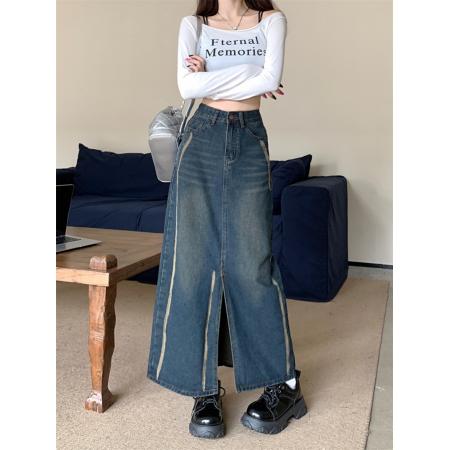 FA53503# 高腰设计感牛仔半身裙女新款秋冬遮胯a字中长款包臀裙子