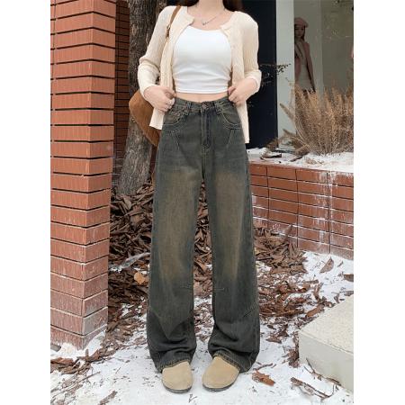 FA53506# 高腰阔腿牛仔裤女早秋新款宽松小个子窄版直筒裤