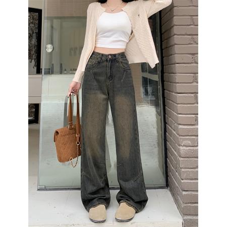 FA53506# 高腰阔腿牛仔裤女早秋新款宽松小个子窄版直筒裤