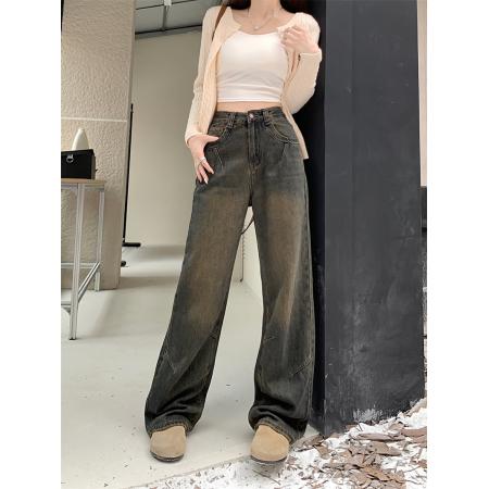 FA53506# 高腰阔腿牛仔裤女早秋新款宽松小个子窄版直筒裤