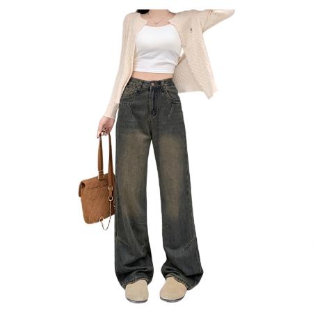 FA53506# 高腰阔腿牛仔裤女早秋新款宽松小个子窄版直筒裤