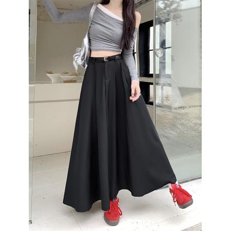 FA53507# 早秋季新款黑色垂感半身裙高腰a字裙显瘦纯色百搭大摆长裙子