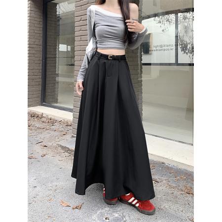 FA53507# 早秋季新款黑色垂感半身裙高腰a字裙显瘦纯色百搭大摆长裙子
