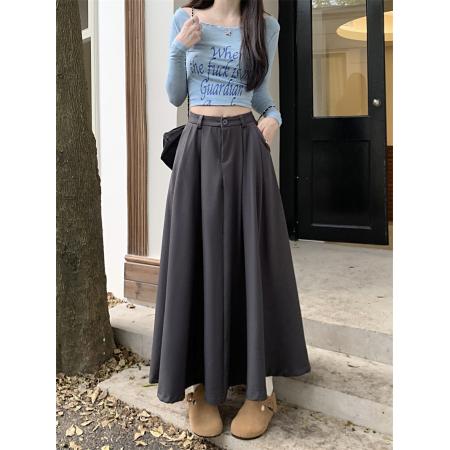 FA53507# 早秋季新款黑色垂感半身裙高腰a字裙显瘦纯色百搭大摆长裙子