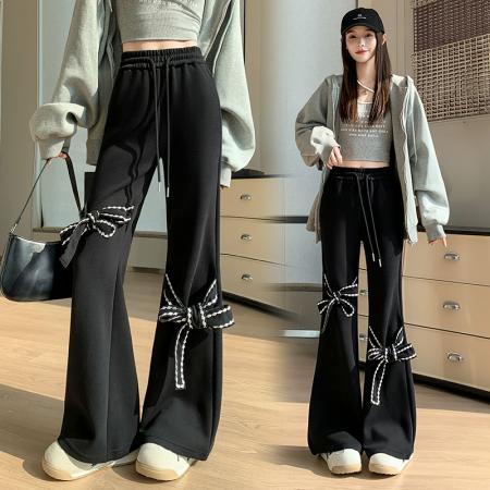 FA53513# 带蝴蝶结裤子黑色高街微喇休闲裤春季设计感显瘦阔腿直筒长裤