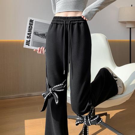 FA53513# 带蝴蝶结裤子黑色高街微喇休闲裤春季设计感显瘦阔腿直筒长裤