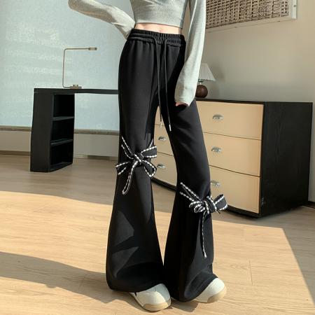 FA53513# 带蝴蝶结裤子黑色高街微喇休闲裤春季设计感显瘦阔腿直筒长裤