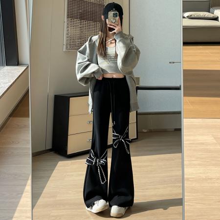 FA53513# 带蝴蝶结裤子黑色高街微喇休闲裤春季设计感显瘦阔腿直筒长裤