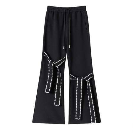 FA53513# 带蝴蝶结裤子黑色高街微喇休闲裤春季设计感显瘦阔腿直筒长裤