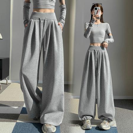 FA53514# 美式灰色阔腿休闲卫裤女春季新款宽松高腰直筒运动裤子