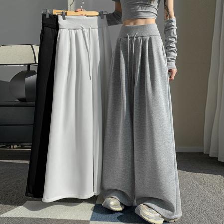 FA53514# 美式灰色阔腿休闲卫裤女春季新款宽松高腰直筒运动裤子