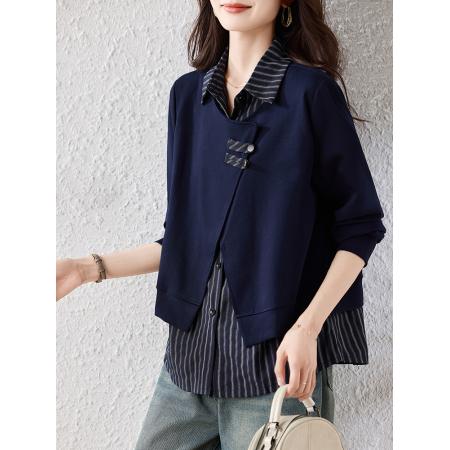 FA53515# 时尚翻领条纹拼接假两件长袖衬衫女春季新款休闲遮肉上衣