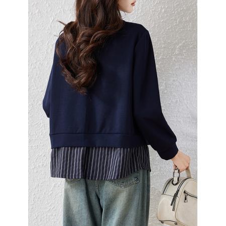 FA53515# 时尚翻领条纹拼接假两件长袖衬衫女春季新款休闲遮肉上衣