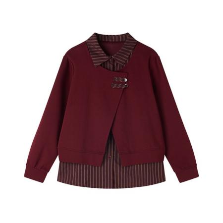 FA53515# 时尚翻领条纹拼接假两件长袖衬衫女春季新款休闲遮肉上衣